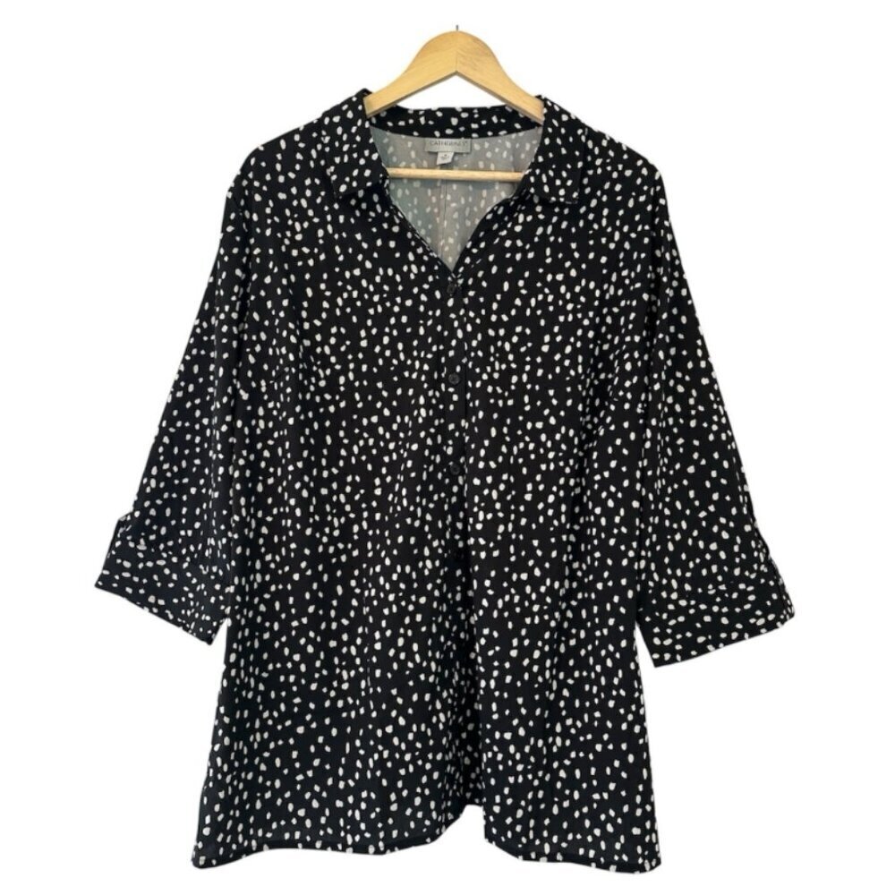Catherines Women's 1X PLUS Black & White Button Collared Career Casual Blouse - Picture 2 of 7